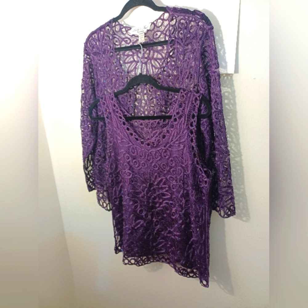 Lady Image 100% Silk Handcrochet Purple Twin Set Pre-owned Read MEASUREMENTS XL